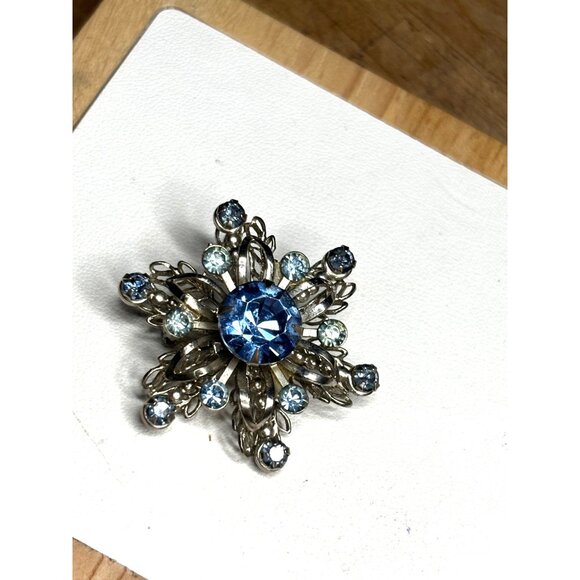 Vintage Snowflake Brooch With Blue Rhinestones & Silver Filigree Design In Gift - Picture 8 of 8